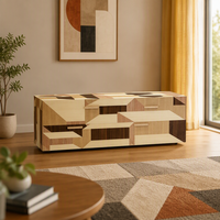Credenza da Pranzo Artigianale con Intarsi Geometrici in Legno, Mobile Moderno in Rovere per Soggiorno di Villa