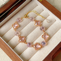 Bracelet ajustable pour femme en or ton or avec trèfle à quatre feuilles, cristal naturel, bracelets tendance, bijoux superposés, cadeau