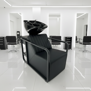 Fauteuil de lavage professionnel moderne avec cadre en métal noir et cuvette en céramique pour salon de coiffure - Product Image 3