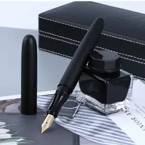 Two Round End Matte Black Solid Wood Metal Fountain Pen Office Portable Non-Slip Non Clip Stationery Supplies Fountain Pen