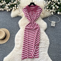 Robe maxi d'été de style coréen vintage pour femmes, taille empire, franges en dentelle, fente, tunique décontractée, motif rayé, taille unique