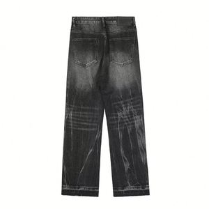 Pantalons droits amples délavés sur mesure Jeans noirs délavés à bord brut pour hommes Vente en gros d'automne et d'hiver - Product Image 5