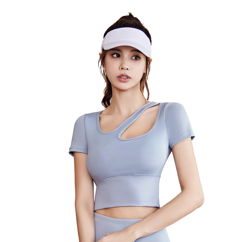 Women's Breathable Yoga Casual Stretch Slimming Fitness Wear Workout Top with Chest Pad Short Sleeve for Adults