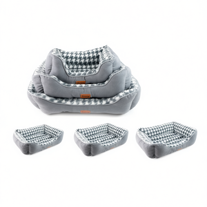 Set di Tre Lettini per Animali Domestici Grigi con Design a Rete e Motivo a Mille Uccelli, con Nido Quadrato in Pelo di Coniglio - Product Image 2