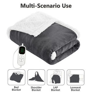 Couverture chauffante électrique portable à capuche en polaire Sherpa et flanelle avec poches géantes, 6 réglages de chaleur, arrêt automatique après 2 heures, USB - Product Image 6