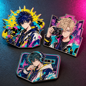 Set de pines de solapa de metal de níquel negro con esmalte duro, diseño personalizado de chico anime de calle con neón, para monopatín, cámara y auriculares - Product Image 1