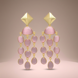 New Trendy Ethnic Wedding Engagement Pink Quartz Chandelier <b>Earrings</b> Diamond Shaped <b>Stud</b> Gold Plated <b>Earring</b> <b>Set</b> - Product Image 3