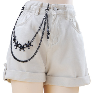 yueli Heavy Metal <b>Skull</b> Cross Double Layer Black Waist Chain With Moon Star Pendant Casual Hip Hop Fashion - Product Image 1
