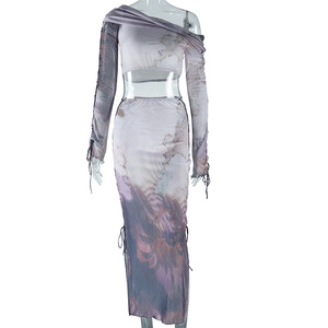 Women's One Shoulder <b>Tie</b> Dye Print Mesh Top & Skirt Side <b>Tie</b> up 2 Piece <b>Set</b> Clothing Women Fashion - Product Image 3