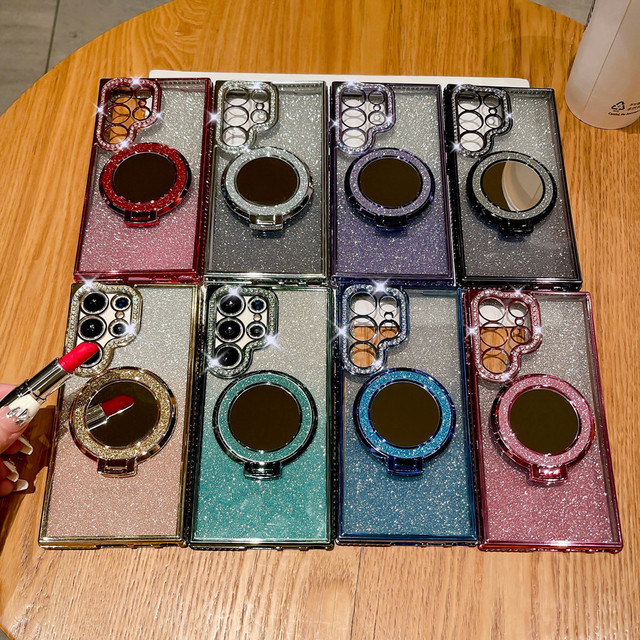 Shockproof Mirror Bracket Mobile Phone case for samsung S25 ultra 24 23 22 Diamond Magnetic Protective Cover Iphone 17 Pro Max