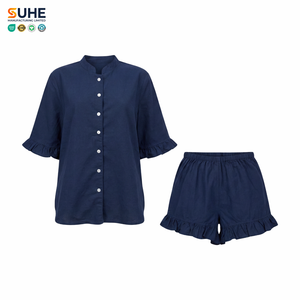 ชุดนอนผ้าลินินผู้หญิง SUHE พร้อมส่ง รับผลิตแบรนด์ส่วนตัว เสื้อแขนสั้นติดกระดุม กางเกงขาสั้นระบาย ชุดนอนฤดูร้อน รับผลิตแบบ OEM ODM - Product Image 1