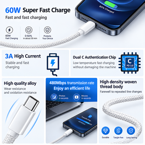 <span class=keywords><strong>สาย</strong></span><span class=keywords><strong>ชาร์จ</strong></span>แบบถักไนลอนแท้ ทนทาน 60W ช่องเสียบ <span class=keywords><strong>USB</strong></span>-C คู่ ยาว 1 เมตร รองรับการชาร์จเร็ว สำหรับ iPhone 17 16 15 Pro Max Plus และ iPad - Product Image 3
