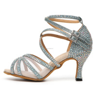 Chaussures de danse latine en satin brillant avec strass pour femmes chaussures de soirée Salsa Bachata à semelle souple avec talon de 6 à 9cm pour les soirées dansantes