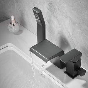 Juego de grifo de lavabo negro cromado de 3 agujeros moderno Bañera de masaje con salida de <span class=keywords><strong>cascada</strong></span> dividida con función de frío caliente de tres piezas - Product Image 3