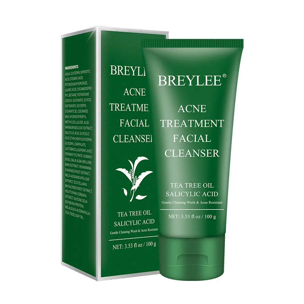 BREYLEE Tea Tree Oil Salicylic Acid Facial Cleanser Remove Acne Oil Control Facial Cleaning Cream Acne Treatment Facial Cleanser