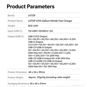 Cargador Rápido GaN LKTOP de 67W (Negro) - Cargador Compacto de 2 Puertos USB-C PD 3.0 PPS para Laptop/Teléfono/Tablet - Product Image 5