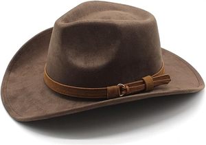 قبعة رعاة البقر الأمريكية الغربية من الجلد المدبوغ والصوف، قبعة ركوب واسعة الحافة، قبعة بانك بقماش مخفي، قبعة كاجوال من اللباد للسفر والأنشطة الخارجية - Product Image 2