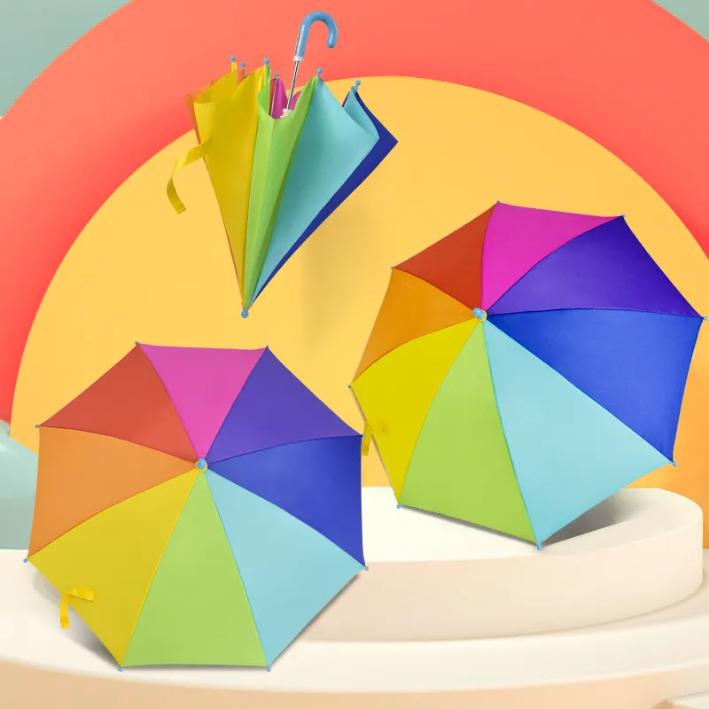 Paraguas de poliéster para niños, sombrilla de colores arcoíris, fácil de abrir y cerrar, barata