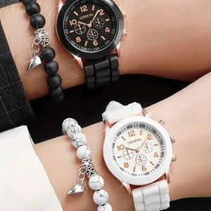 NJC 4Pcs/<strong>Set</strong> Wholesale Couple <strong>Geneva</strong> Quartz Wrist <strong>Watches</strong> with Heart Beaded Bracelet <strong>Set</strong> - Product Image 4