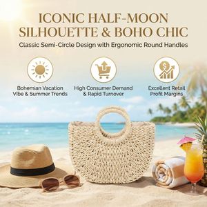 Sacs en <span class=keywords><strong>paille</strong></span> demi-lune en gros, sacs tissés semi-circulaires avec poignée ronde, sacs de plage d'été bohèmes en rotin naturel - Product Image 2