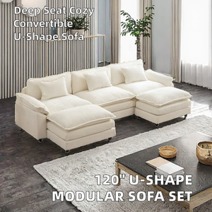Ensemble modulaire sectionnel confortable en forme de nuage, convertible, moderne, avec cadre en PU, dossier rembourré, en forme de U, beige et blanc, 120 pouces, pour salon - Product Image 2