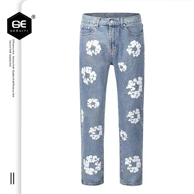 European and American oem street style flower printing light blue versatile casual straight loose jeans men's