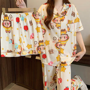 여자의 캐주얼 <span class=keywords><strong>Labubu</strong></span> 가정 옷 봄 여름 얇은 반팔 3 피스 파자마 세트 만화 도매 ODM - Product Image 1
