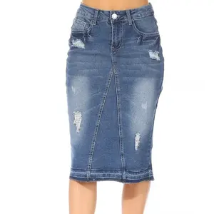 Jupe en jean d'été Jupe crayon mi-longue Jupes en jean décontractées pour femmes à la mode Vente en gros