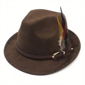 2025 New Autumn Winter Suede Fedora <b>Hat</b> Classic Simple Jazz <b>Hat</b> Short Brim Feather Fedora <b>Hat</b> - Product Image 2