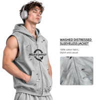Hoodie sans manches zippé pour homme, personnalisé, effet délavé, déchiré, imprimé graphique, coupe oversize, marque privée