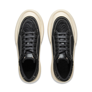 Trendy Unisex Chunky Platform Canvas <b>Sneakers</b> <b>Black</b> Upper White Sole Stitch Casual Daily Shoes - Product Image 5