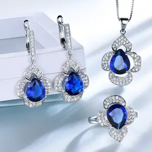 Charm Mature Special Design Bule Gems 925 Silver Necklace Ring Earrings Jewelry SetためLadies