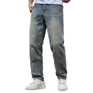 Jean vintage délavé pour homme, coupe droite taille mi-haute, en coton, idéal pour le streetwear décontracté et le printemps - Product Image 1