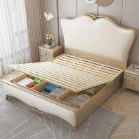 Lit double en chêne massif de style chinois MAI WILL avec tête de lit éclairée, chambre moderne minimaliste, rangement haut avec coffre