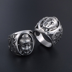 <span class=keywords><strong>Bague</strong></span> vintage en forme de <span class=keywords><strong>camée</strong></span> pour <span class=keywords><strong>homme</strong></span>, en acier inoxydable plaqué argent, avec relief de tête de Bouddha - Product Image 6