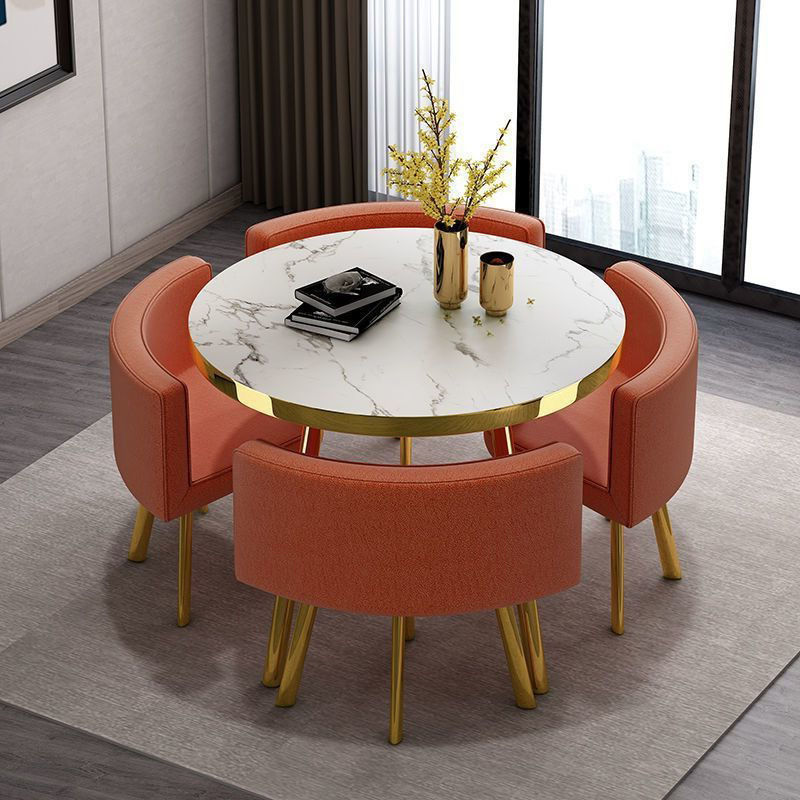 Stone-like pattern table+4 orange fabric chairs
