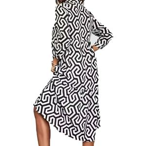 Vente en gros de robes pour femmes de haute qualité, personnalisables, à la mode, avec imprimé irrégulier, décontractées, à col, à manches longues, mi-longues - Product Image 2