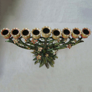 Diseño de flores esmaltadas a mano, Bronce Antiguo, verde y rosa, Metal, aleación de Zinc, nueve ramas <span class=keywords><strong>Menorah</strong></span> - Product Image 4