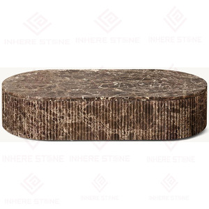 Residential Nordic Design Living Room Furniture Fluted Marble Ribbed Plinth Honed Dark <strong>Brown</strong> Emperador Marble Coffee <strong>Table</strong> - Product Image 2