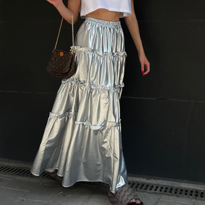 PU Layered <strong>Silver</strong> Latest Design Woman <strong>Skirt</strong> Ruffle Pleated Fashion High Waist 2023 Ladies Leather Maxi Long Women's <strong>Skirts</strong> - Product Image 3