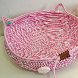 Cesta de cama tejida para gatos con orejas, cojín tejido de cuerda de algodón para perros pequeños, cachorros, cama rosa para dormir para mascotas, nido con pelota de juego - Product Image 4