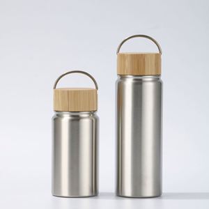 New Design 12/18oz Eco Bamboo Lid Stainless Steel Sport Water Bottle Portable Outdoor Straight Vacuum <b>Flask</b> for Business Gifts - Product Image 1