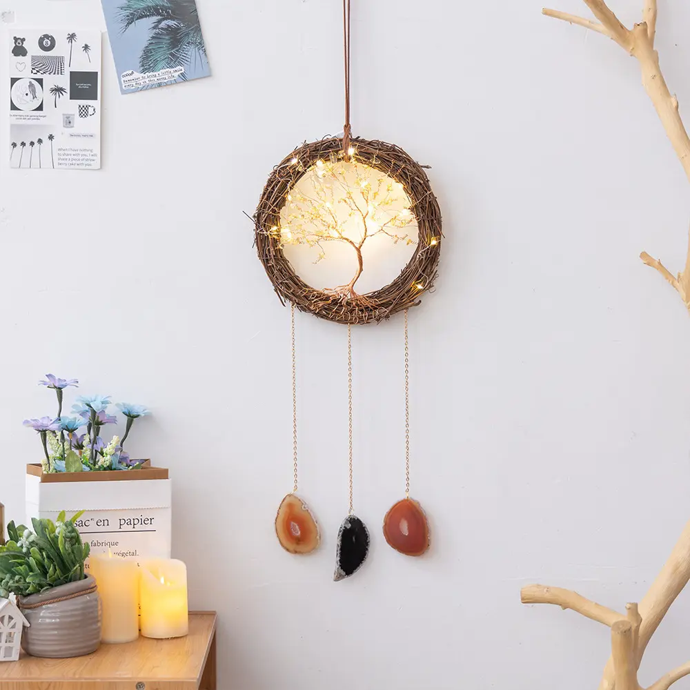 Pietra preziosa naturale Sun Catcher luna campanelli eolici agata verde fatto a mano affascinante ametista Catcher albero della vita Boho decorazione della parete