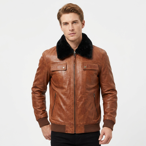 Chaqueta de Cuero Marrón Genuino para Hombre con Cuello de Piel Negra, Estilo Bomber, de Piel de Vacuno, con Ribete de Punto, Clásica, Cálida para Invierno, Informal - Product Image 1