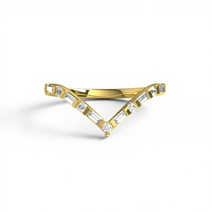 18K Gold Plated V Shaped Chevron Diamond Alternating Baguette Half Eternity Band Curved <b>Stacking</b> <b>Ring</b> Light-Weight Fine Jewelry - Product Image 1