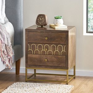 Wood <b>Night</b> <b>Stand</b> With Gold Base And Decorative Drawer Design For Bedroom Storage - Product Image 4