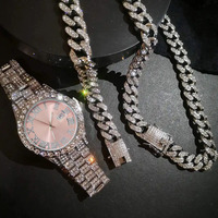 Ensemble 3 pièces de montres hip hop ensemble collier bracelet argent rose montre cadeau ensemble montres-bracelets à quartz de luxe pour femmes montre glacée pour femmes