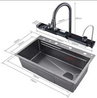 Évier de cuisine numérique à cascade LED en acier inoxydable 304 noir nano intelligent avec lave-gobelet
