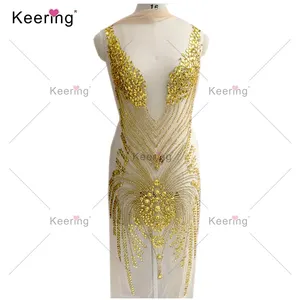 Full body gold stone beaded applique wedding lace fabric for sewing on evening dress WDP-066