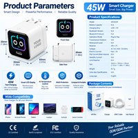 Chargeur de voyage GaN à charge rapide 45W avec affichage LED intelligent, contrôle de température IA, adaptateur secteur USB-C PD pour iPhone et ordinateur portable